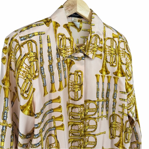 Vtg Louis Feraud Cream Gold Musical Pattern Button Up 100% Silk Blouse Women 10 - Picture 4 of 13